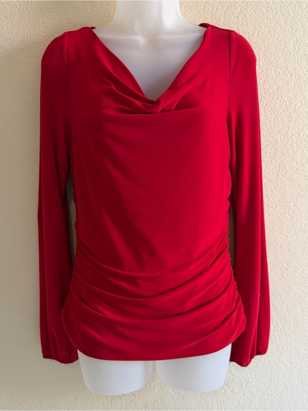 Red Draped Cowl Neck Women's Top